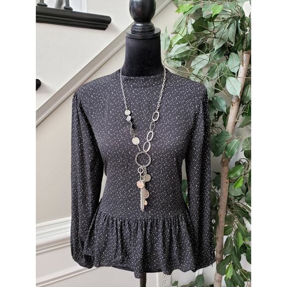 LOFT Blouse Top Womens PM Black Polka Dot Balloon Sleeve Ruffle Hem Pullover - Picture 1 of 10
